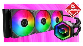 An image of a Cooler Master MasterLiquid 360 Core II AIO liquid cooler against a multi-colored pink background, with a white border and a PC Gamer Recommended logo.