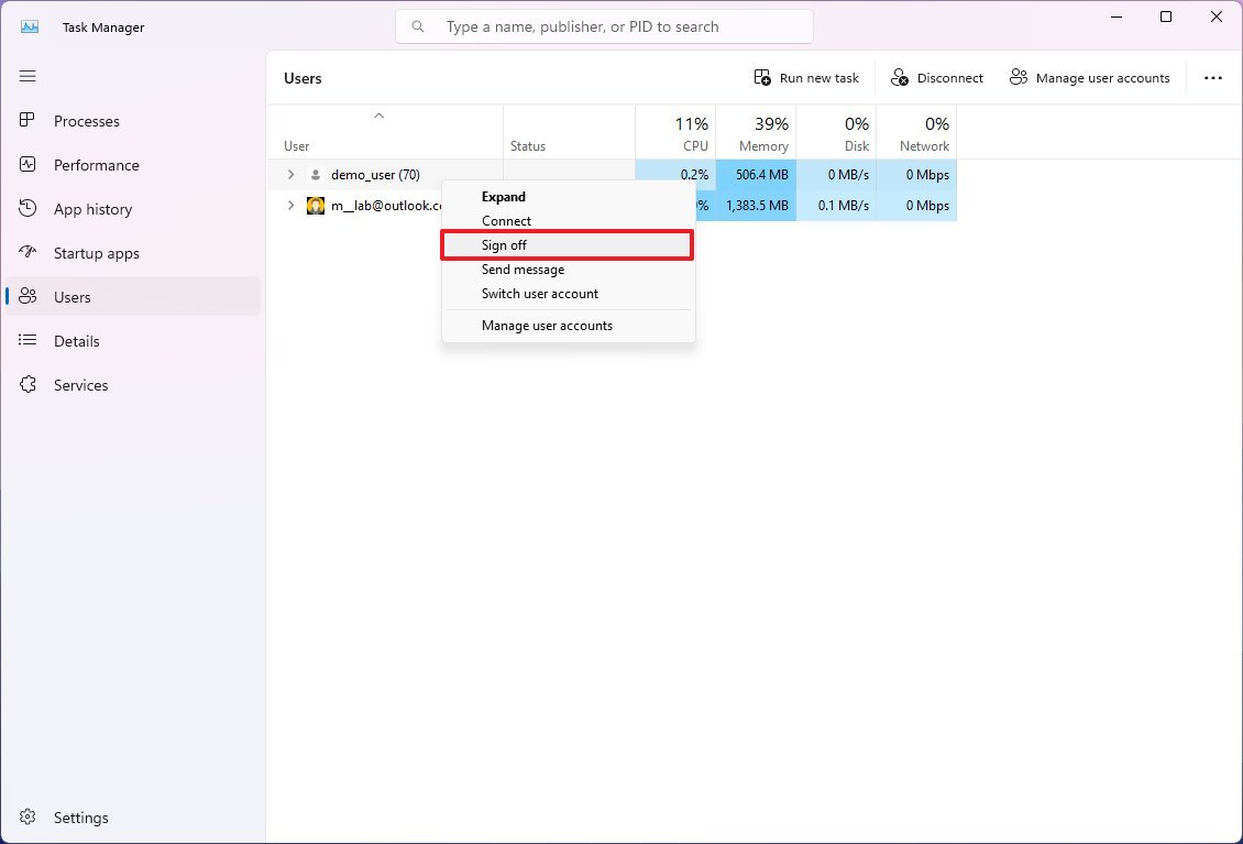 Task Manager sign off users