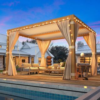 Outdoor Louvered Pergola With Adjustable Aluminum Rainproof Roof and Pull-Down Screen