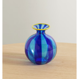 mini vase with funnel neck design, blue stripes and a yellow rim