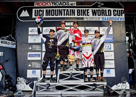 Hafjell elite men's downhill World Cup podium: Gee Atherton, George Brannigan, Steve Smith, Greg Minnaar, Nick Beer