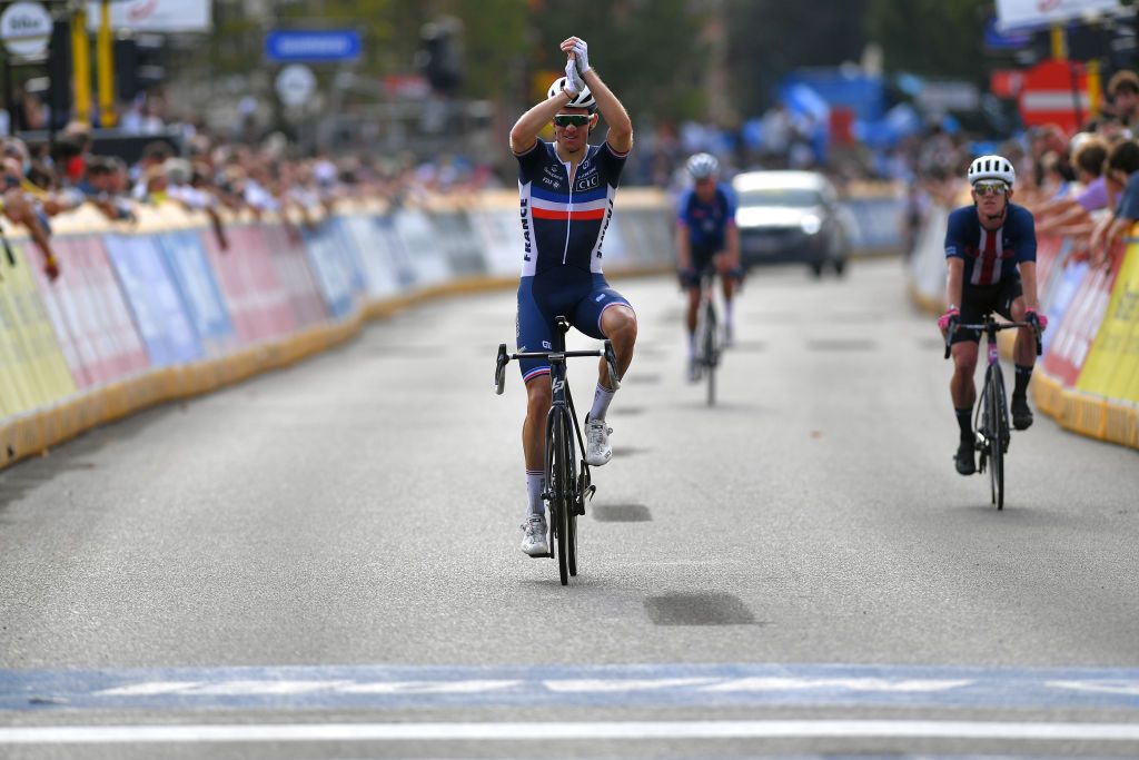 LEUVEN BELGIUM SEPTEMBER 26 Arnaud Demare of France celebrates at finish line the victory of his teammate Julian Alaphilippe of France during the 94th UCI Road World Championships 2021 Men Elite Road Race a 2683km race from Antwerp to Leuven flanders2021 on September 26 2021 in Leuven Belgium Photo by Luc ClaessenGetty Images