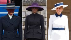 A composite of three pictures of Melania Trump wearing different wide-brimmed hats