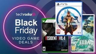 Black Friday Video Game Deals header image with box art for Mortal Kombat 1 on PS5, Resident Evil 4 on Xbox Series X, and The Legend of Zelda: Tears of the Kingdom on Nintendo Switch.