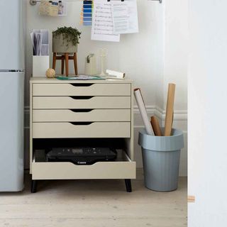 white wall with drawers bucket