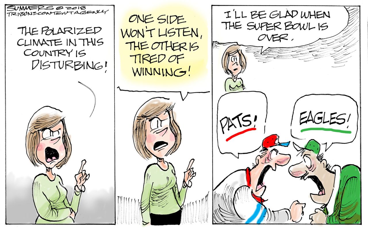 Editorial cartoon U.S. Super Bowl Patriots Eagles sports football