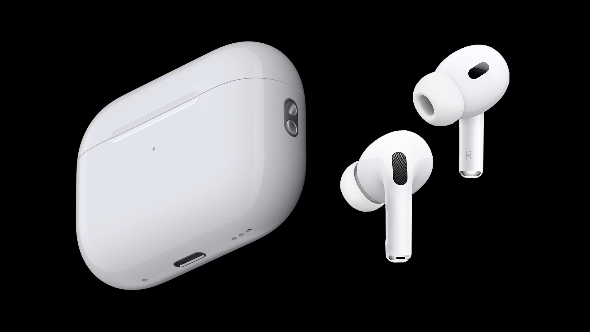 AirPods Pro 2 – propper og etui mot en svart bakgrunn.