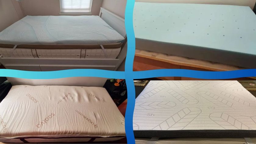 A four-picture collage of the best mattress toppers for collage dorms, all separated by a wavy blue-gradient line.