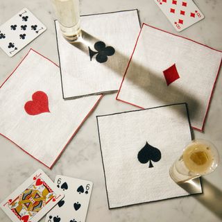 La Gallina Matta Playing Cards Embroidered Linen Cocktail Napkins (Set of 4)