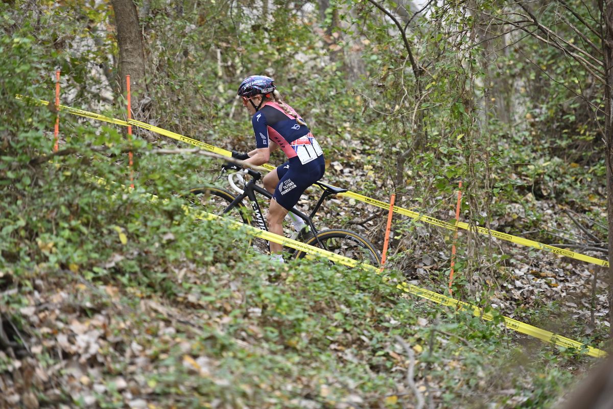 Raylyn Nuss on a climb in wooded section of two-mile course