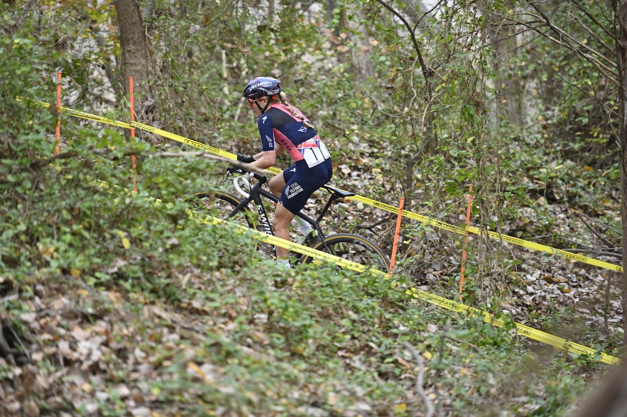 Raylyn Nuss on a climb in wooded section of two-mile course