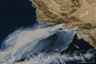 The Moderate Resolution Imaging Spectroradiometer (MODIS) instrument aboard NASA's Terra satellite captured this view of smoke from the Southern California wildfires on Dec. 5, 2017.