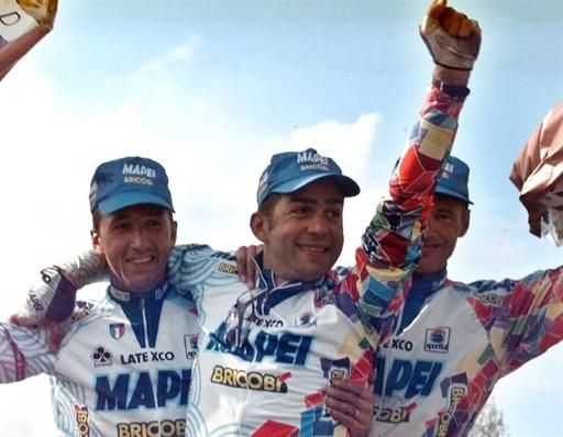 Ballerini (centre) celebrates Mapei's 1-2-3 in Paris-Roubaix in 1998 with teammates Andrea Tafi and Wilfried Peeters