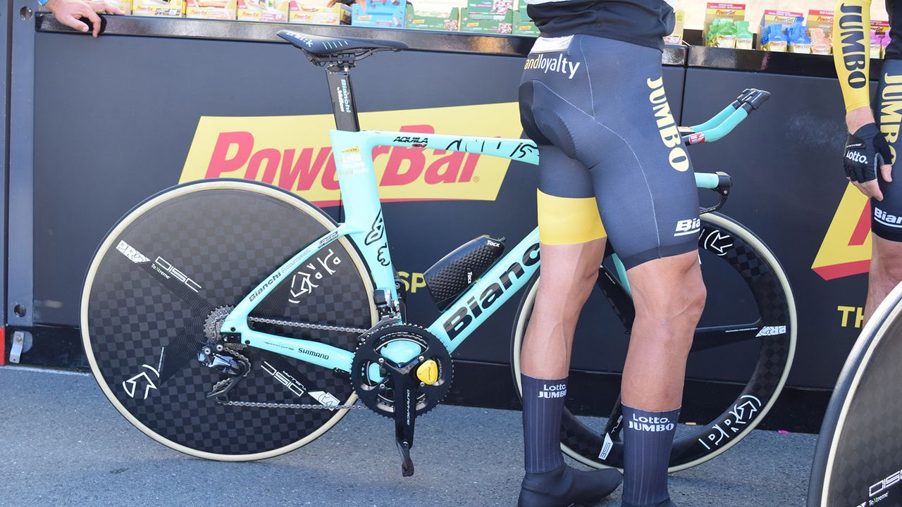 Primoz Roglic raced the stage on a special edition Bianchi Aquila, first presented to the rider earlier in the year