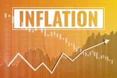 Inflation chart on yellow finance background from graphs, charts, columns, pillars, arrow, candles, bars. Trend Up and Down.