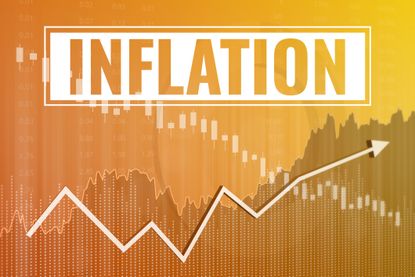 Inflation chart on yellow finance background from graphs, charts, columns, pillars, arrow, candles, bars. Trend Up and Down.