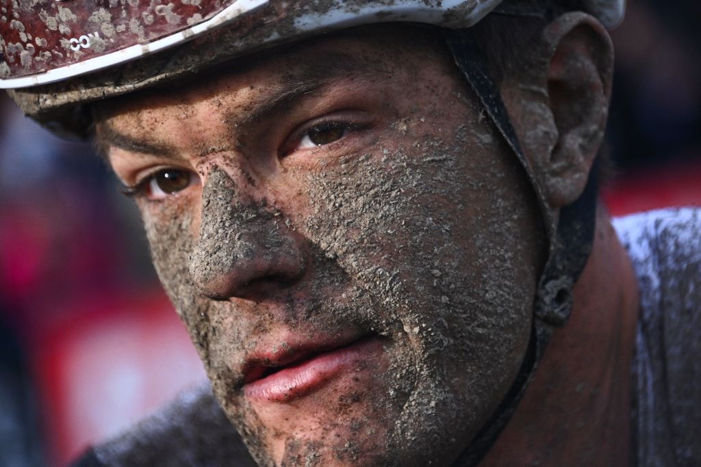 Trek Segafredo Jasper Stuyven from Belgium reacts on the finishing area after competing in the 118th edition of the ParisRoubaix oneday classic cycling race between Compiegne and Roubaix in the Velodrome stadium in Roubaix northern France on October 3 2021 Photo by AnneChristine POUJOULAT POOL AFP Photo by ANNECHRISTINE POUJOULATPOOLAFP via Getty Images