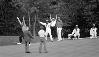 Fuzzy Zoeller celebrates after holing the winning putt at the 1979 Masters