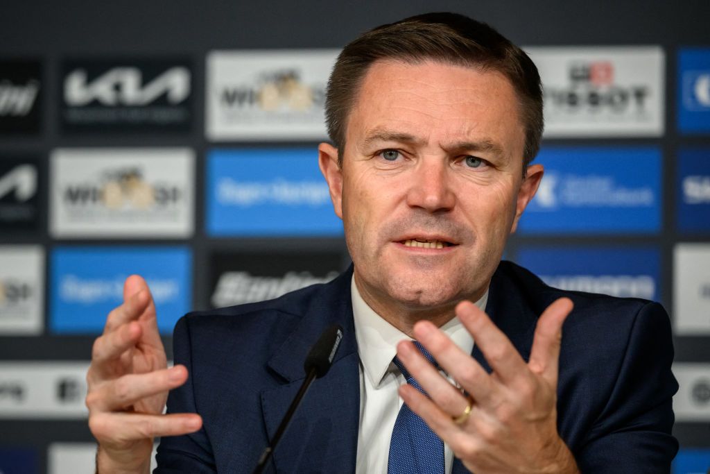 UCI President David Lappartient delivers a press conference during the UCI 2024 Cycling Road World Championships, in Zurich, on September 28, 2024, a day after the death of Swiss teenage cyclist Muriel Furrer