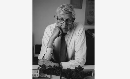Black and white portrait of architect Trevor Dannatt
