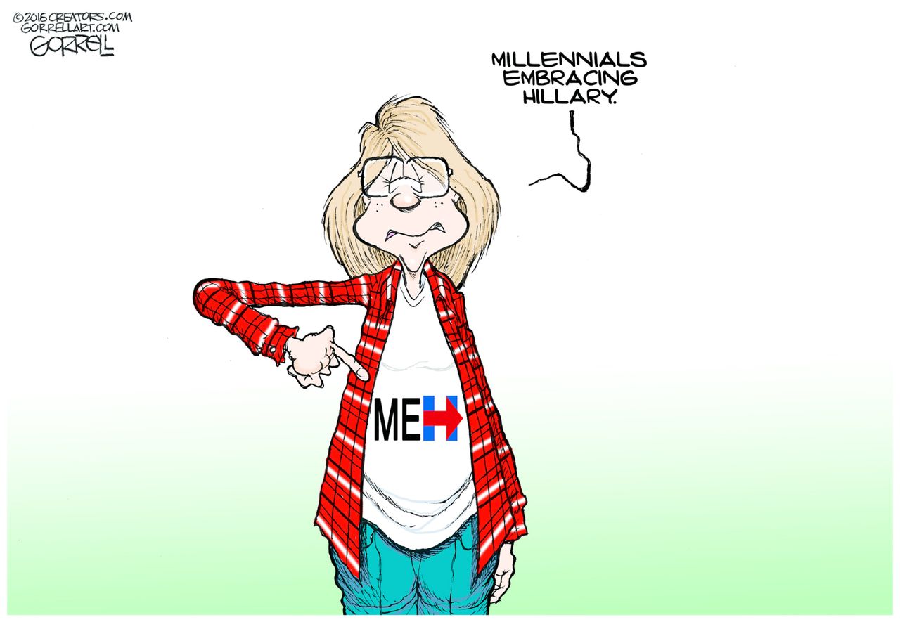 Political cartoon U.S. 2016 election Hillary Clinton Millennial voters