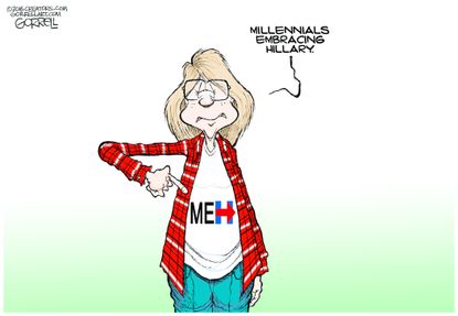 Political cartoon U.S. 2016 election Hillary Clinton Millennial voters