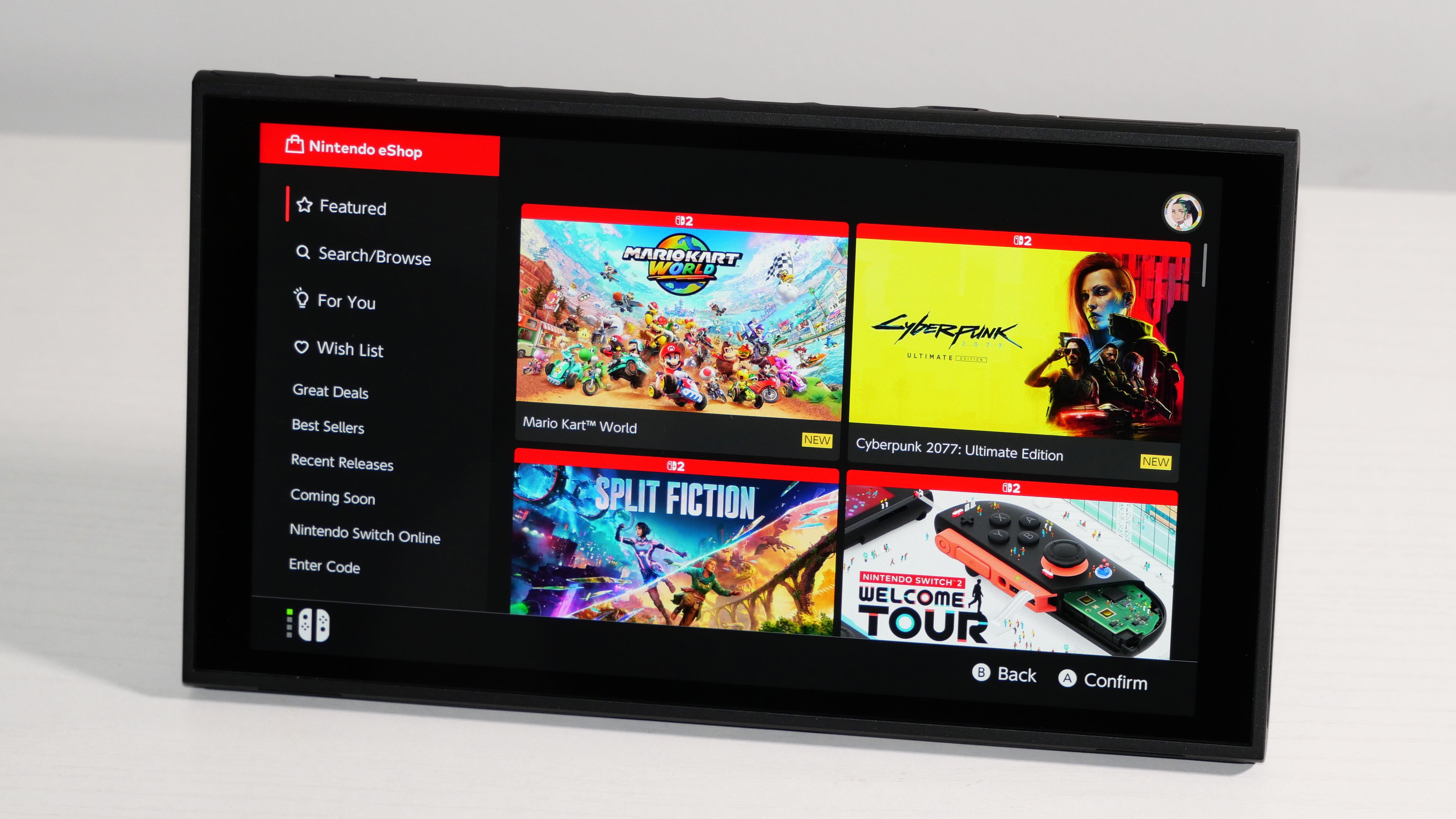 Nintendo Switch 2 on a white desk, displaying the Nintendo eShop.