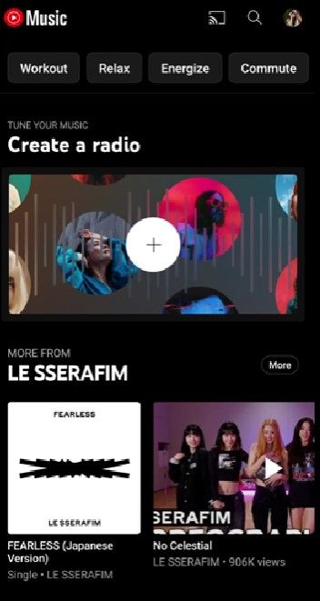 YouTube Music radio creation interface