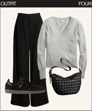grey sweater, black trousers, black sneakers, and black bag