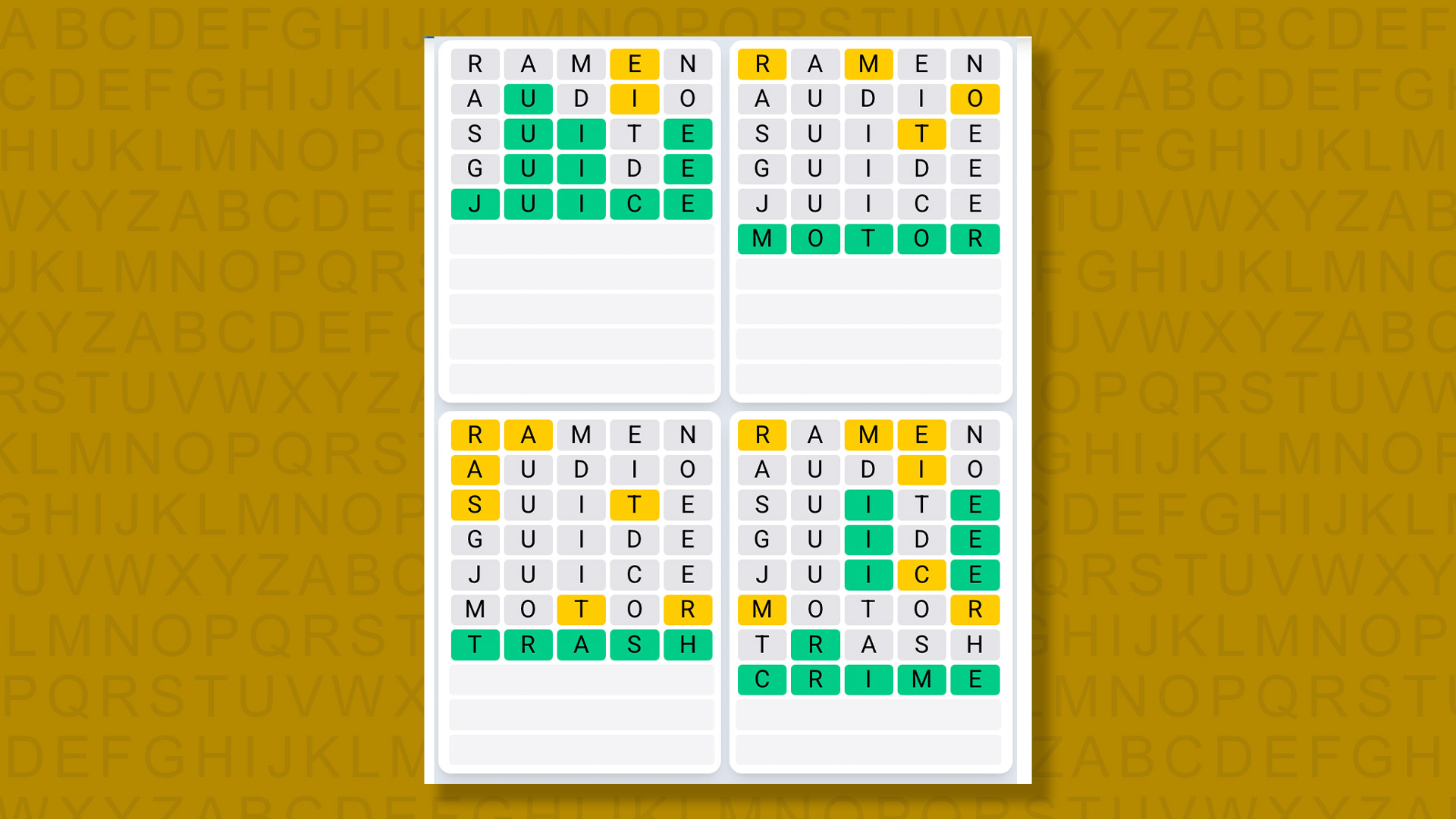 Quordle Daily Sequence answers for game 1591 on a yellow background