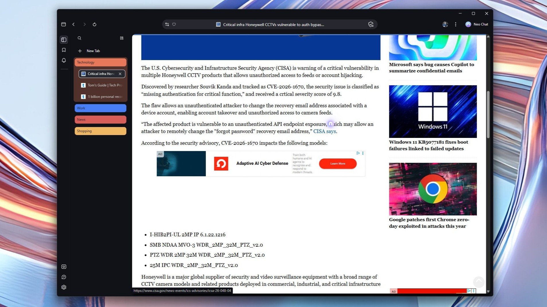 A screenshot showing how you activate Norton Neo's Link Peek feature while reading news articles online