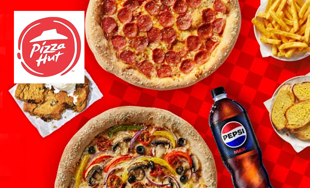 Pizza hut logo top left and a collage of two pizzas pepsi, fries