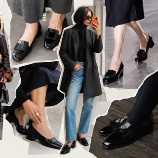 Editorial collage showcasing the opera shoe trend, featuring sleek black patent loafers, bow-detailed flats, low heels, and brown leather pumps styled with denim, tailoring, and minimalist fall looks.