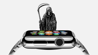A picture of the Apple Watch with a grim reaper over it