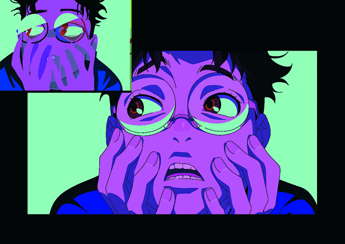DAN DA DAN; cringing purple boy with glasses
