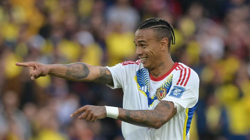 Venezuela&#039;s forward #09 Jhonder Cadiz celebrates after scoring during the 2026 FIFA World Cup South American qualifiers football match between Ecuador and Venezuela, at the Rodrigo Paz Delgado stadium in Quito, on March 21, 2025 ahead of Venezuela vs Peru