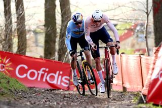 HOOGERHEIDE NETHERLANDS FEBRUARY 05 LR Wout Van Aert of Belgium and Mathieu Van Der Poel of The Netherlands compete during the 74th World Championships CycloCross 2023 Mens Elite CXWorldCup Hoogerheide2023 on February 05 2023 in Hoogerheide Netherlands Photo by David StockmanGetty Images