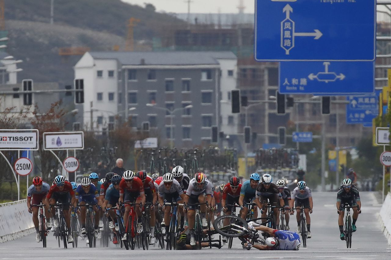 Arnaud Demare and Luka Mezgec are the first to go down in the finishing straight crash