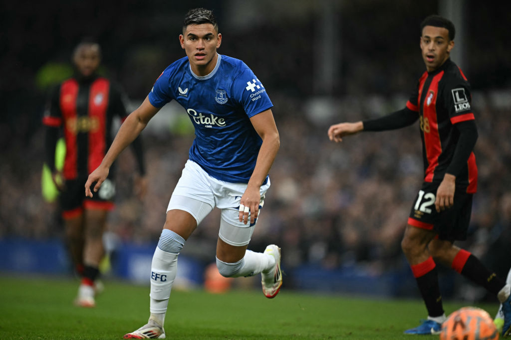 Everton's Argentinian midfielder #24 Charly Alcaraz chases the ball during the English FA Cup fourth round football match between Everton and Bournemouth at Goodison Park in Liverpool, north-west England on February 8, 2025