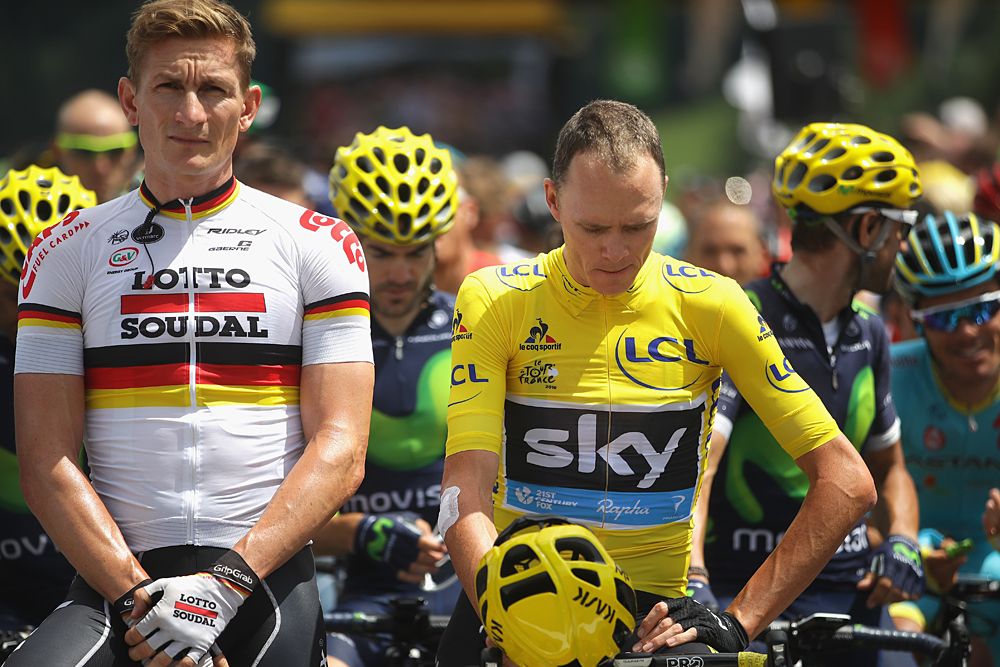 Andre Greipel (Lotto Soudal) and yellow jersey Chris Froome (Team Sky) at stage 20 at the Tour de France