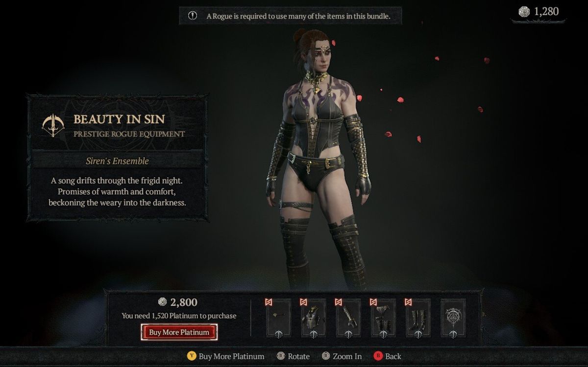 Rogue in Diablo 4 wearing the 'Beautiful in Sin' Set