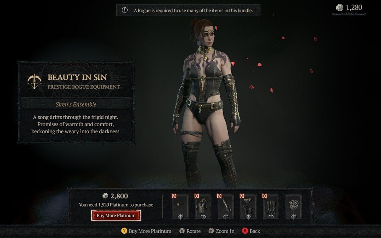 Rogue in Diablo 4 wearing the 'Beautiful in Sin' Set