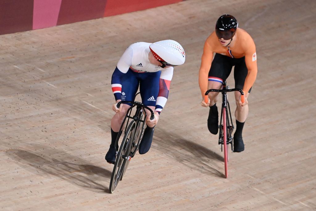 Britains Jack Carlin L and Netherlands Harrie Lavreysen compete in the mens track cycling sprint semifinals during the Tokyo 2020 Olympic Games at Izu Velodrome in Izu Japan on August 6 2021 Photo by Peter PARKS AFP Photo by PETER PARKSAFP via Getty Images