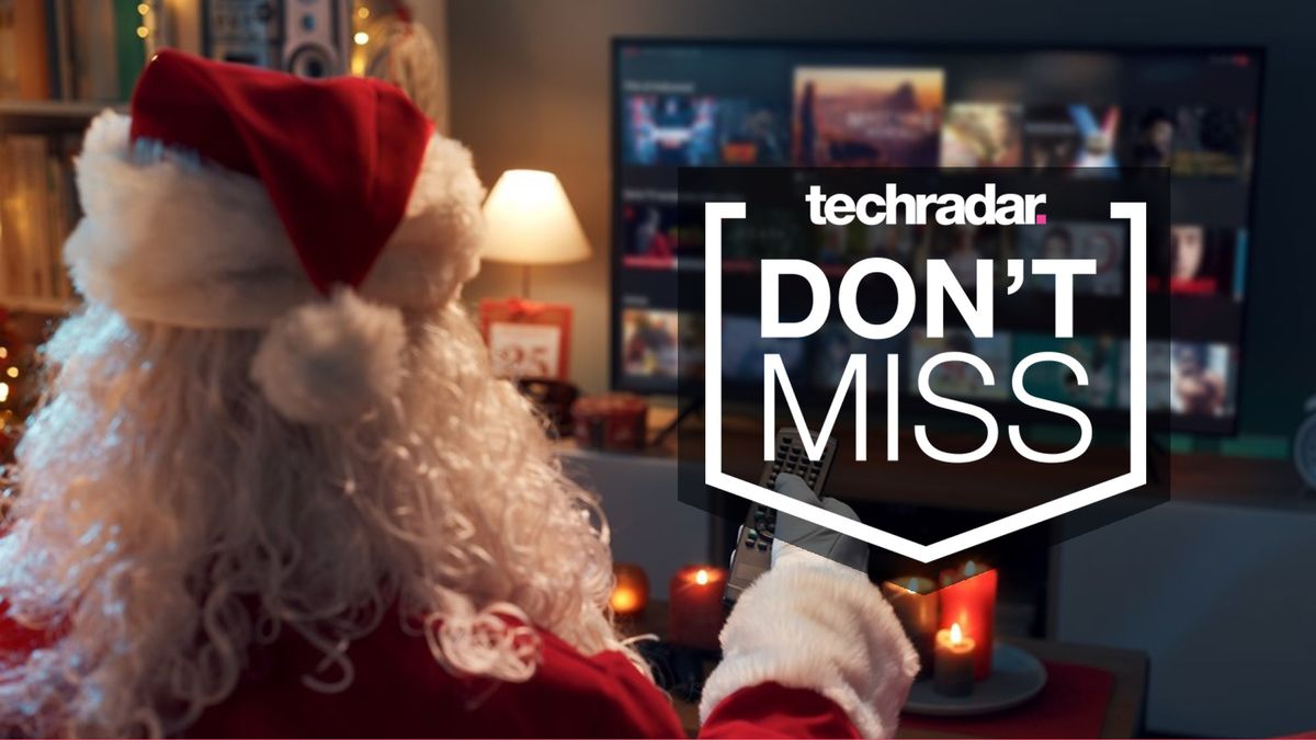 Santa holding a remote up to a TV with a streaming service interface and &#039;Don&#039;t Miss&#039; messaging overlayed