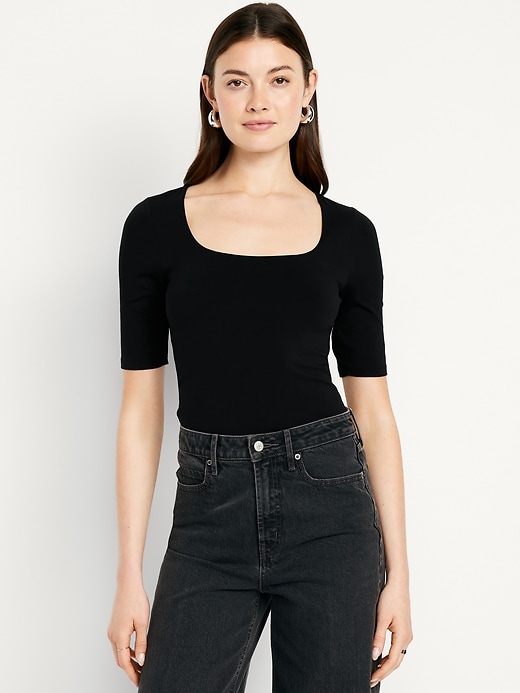 Double-Layer Elbow-Sleeve Scoop-Neck T-Shirt