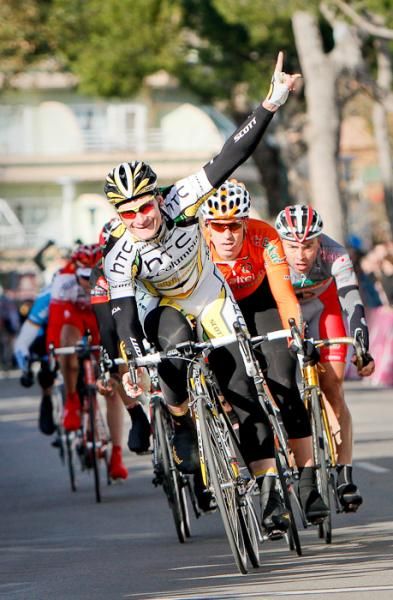 Andre Greipel crosses the finish line first on the last stage of the Mallorca Challenge in Palmanova.