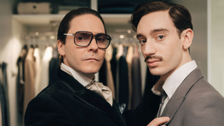 Daniel Brühl as Karl Lagerfeld and Théodore Pellerin as Jacques de Bascher in Becoming Karl Lagerfeld