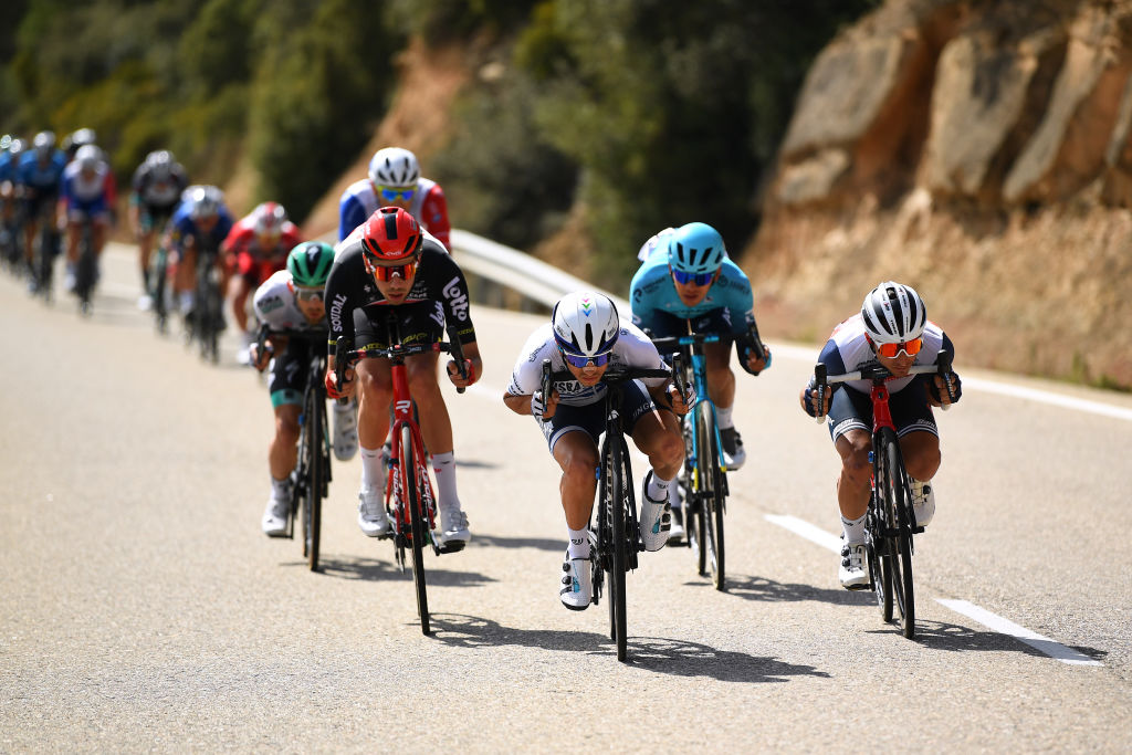 MANRESA SPAIN MARCH 26 Omer Goldstein of Israel and Team Israel StartUp Nation Harold Tejada Canacue of Colombia and Team Astana Premier Tech Gianluca Brambilla of Italy and Team Trek Segafredo during the 100th Volta Ciclista a Catalunya 2021 Stage 5 a 2015km stage from La Pobla De Segur to Manresa 220m VoltaCatalunya100 on March 26 2021 in Manresa Spain Photo by David RamosGetty Images