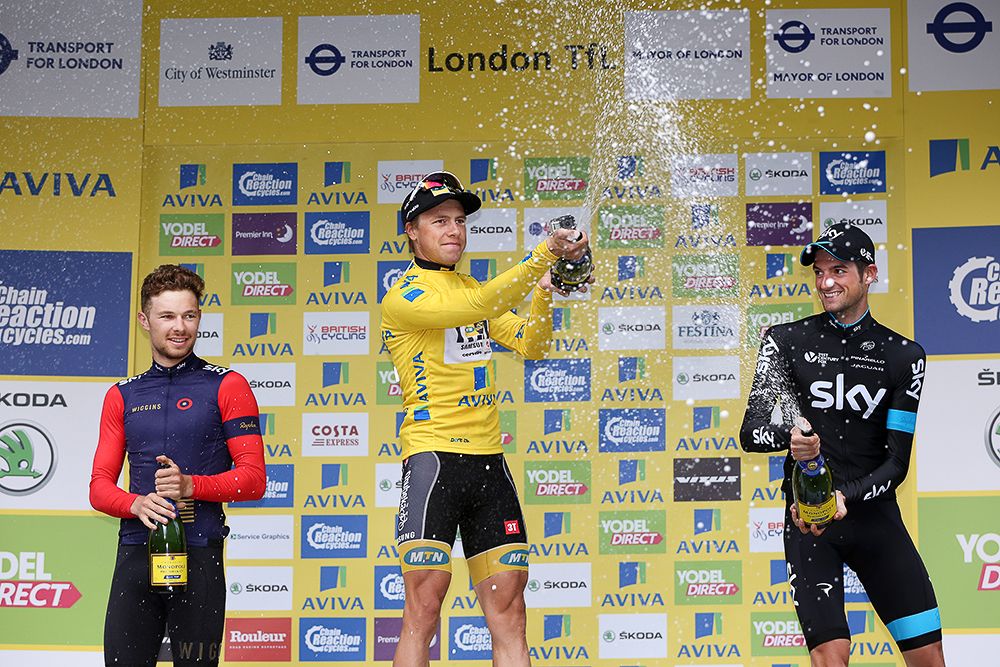 Edvald Boasson Hagen on the final podium at the Tour of Britain with Wout Poels and Owain Doull.