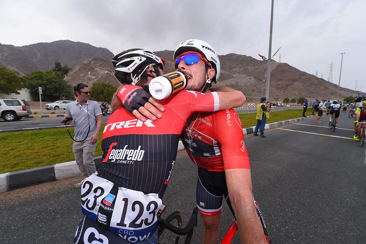 John Degenkolb hugs teammate Julien Bernard